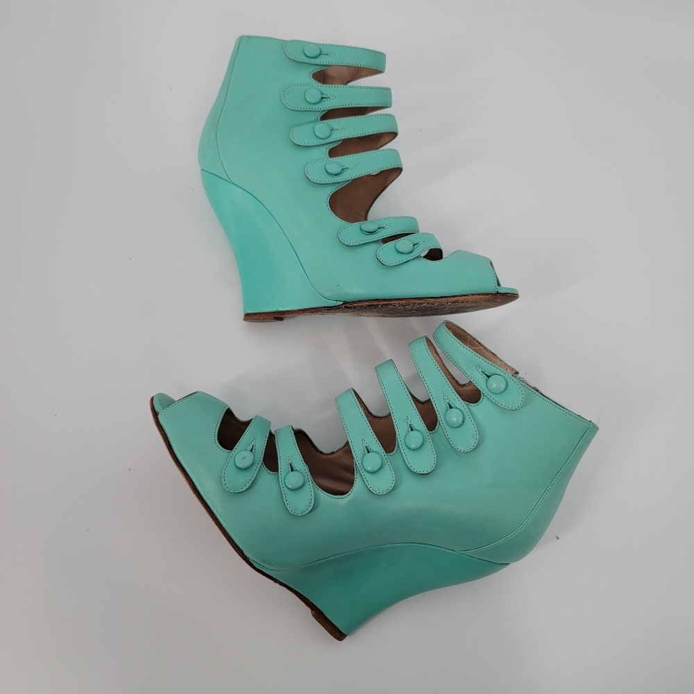 Oscar de la Renta Blue Strappy Dakota Nappa Wedge Sandals Size 35.5 - Picture 6 of 14